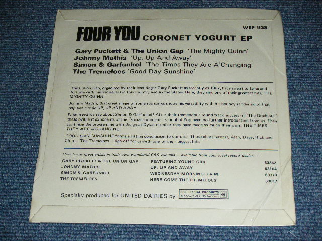 画像: va OMNIBUS ( GARY PACKETT & THE UNION GAP, JOHNNY MATHIS, SIMON & GARFUNKEL, THE TREMELOES ) - FOUR YOU  : CORONET YOGURT EP / LATE 1960's UK ORIGINAL Used 7" inch EP With PICTURE SLEEVE 