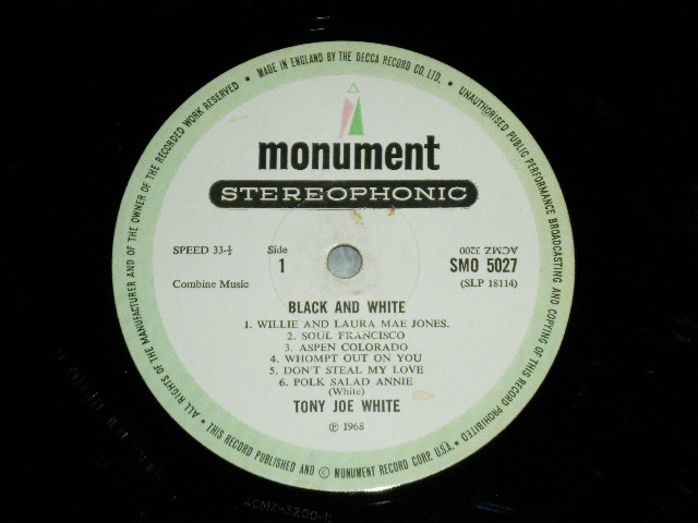 画像: TONY JOE WHITE - BLACK AND WHITE ( Matrix # 1L/2L  Ex++/Ex+ ) / 1969 UK ENGLAND  ORIGINAL Used LP 