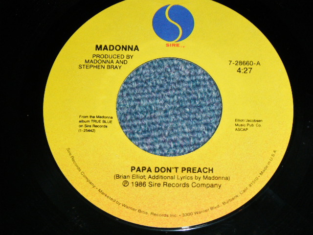 画像: MADONNA -  PAPA DON'T PREACH (Ex/Ex+++)  / 1984 US AMERICA ORIGINAL Used 7" Single with PICTURE SLEEVE  