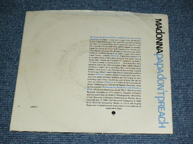 画像: MADONNA -  PAPA DON'T PREACH (Ex/Ex+++)  / 1984 US AMERICA ORIGINAL Used 7" Single with PICTURE SLEEVE  