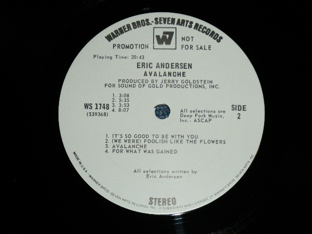 画像: ERIC ANDERSEN - AVALANCHE (Ex-/Ex++ EDSP) / 1968 US ORIGINAL "GREEN with 'WB' Label" Used LP