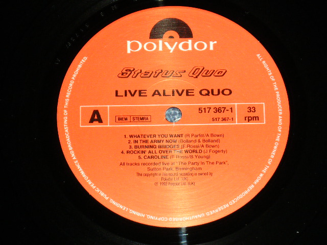 画像: STATUS QUO - LIVE ALIVE QUO  ( Matrix # A1/1B ) ( NEW) / 1992 UK ENGLAND ORIGINAL "BRAND NEW"  LP 