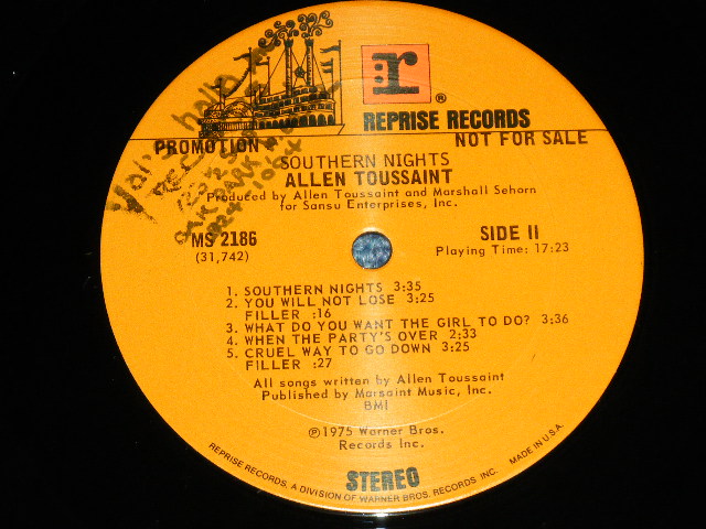 画像: ALLEN TOUSSAINT - SOUTHERN NIGHTS ( Matrix # MS-2186 31741-1 1A TML-M / MS-2186 31742-1   TML-M 1B ) (( Ex+/EX+++ Looks:Ex+ )  / 1978 US AMERICA ORIGINAL "PROMO" Used  LP