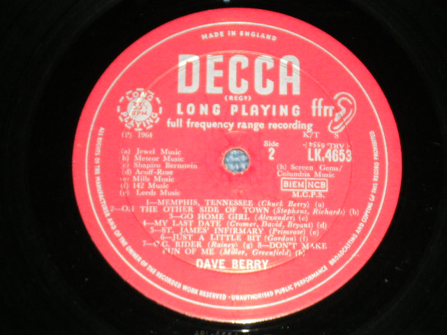 画像: DAVE BERRY - DAVE BERRY  (1A/1A) ( Ex/Ex+)  / 1964 UK ENGLAND ORIGINAL "MAROON with Unboxed DECCA Label" MONO Used LP 