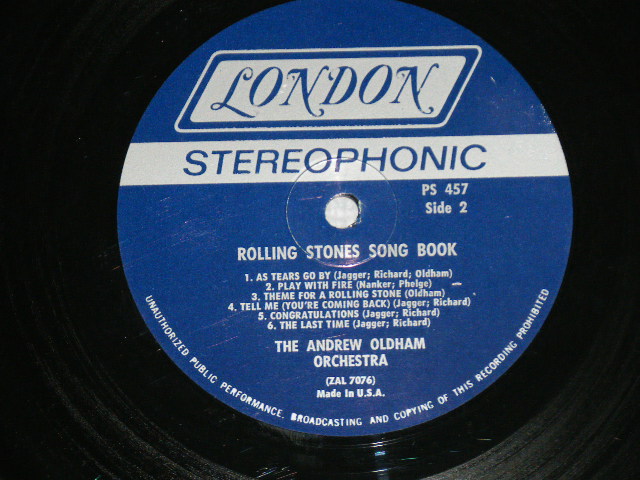 画像: THE ANDREW OLDHAM ORCHESTRA - The ROLLING STONES SONG BOOK ( MATRIX NUMBER : A) ZAL-7075/B) ZAL-7076 ) (Ex+/MINT- )  /  1965 US AMERICA ORIGINAL STEREO Used LP