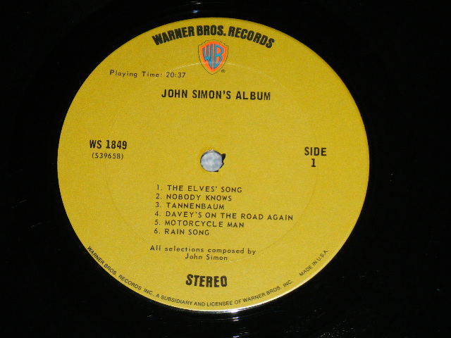 画像: -JOHN SIMON - JONE SIMON'S ALBUM ( Matrix # WS -1849　39658-2 KD/ WS-1849 39659-I SG )( Ex+++/MINT- ) / 1970  US AMERICA ORIGINAL "GREEN with 'WB' Logo on Top Label" Used LP