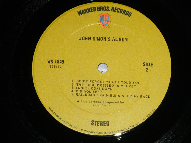 画像: -JOHN SIMON - JONE SIMON'S ALBUM ( Matrix # WS -1849　39658-2 KD/ WS-1849 39659-I SG )( Ex+++/MINT- ) / 1970  US AMERICA ORIGINAL "GREEN with 'WB' Logo on Top Label" Used LP