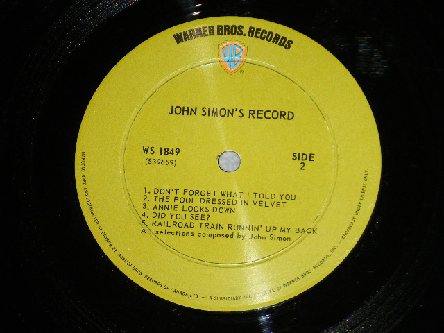 画像: -JOHN SIMON - JONE SIMON'S ALBUM  : With TITLE SEAL on FRONT ( Ex+++/Ex+++ Looks:MINT- ) / 1970  CANADA ORIGINAL "GREEN with 'WB' Logo on Top Label" Used LP