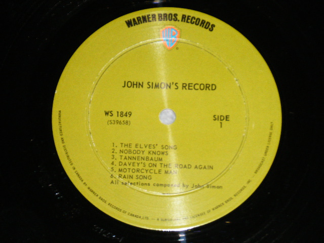 画像: -JOHN SIMON - JONE SIMON'S ALBUM  : With TITLE SEAL on FRONT ( Ex+++/Ex+++ Looks:MINT- ) / 1970  CANADA ORIGINAL "GREEN with 'WB' Logo on Top Label" Used LP