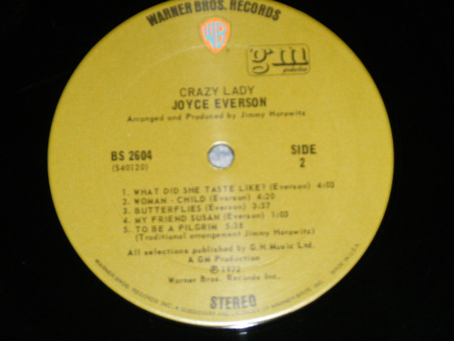 画像: JOYCE EVERSON  - CRAZY LADY ( Ex/MINT- )  / 1972 US AMERICA ORIGINAL "PROMO SHEET" "GREEN with 'WB' Logo on TOP Label " Used LP 