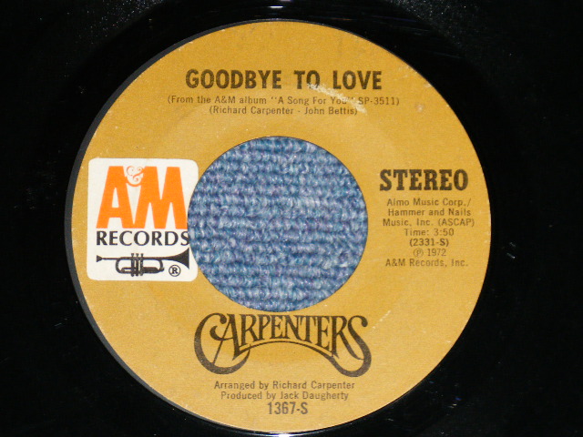 画像: CARPENTERS - GOODBYE TO LOVE : CRYSTAL  LULLABY ( Ex+/Ex+) / 1972 US AMERICA ORIGINAL "BROWN Label" Used 7" Single 