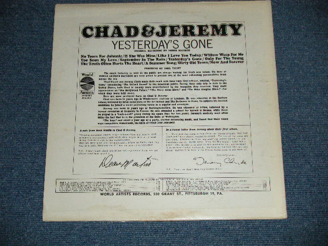 画像: CHAD & JEREMY - YESTERDAY'S GONE( BWHITE Jacket ) (   Matrix #  A) XTV 94983-4F   B) XTV 94984-4G   )  ( Ex+/Ex++ Looks:Ex+++ ) / 1964 US AMERICA ORIGINAL MONO Used LP 