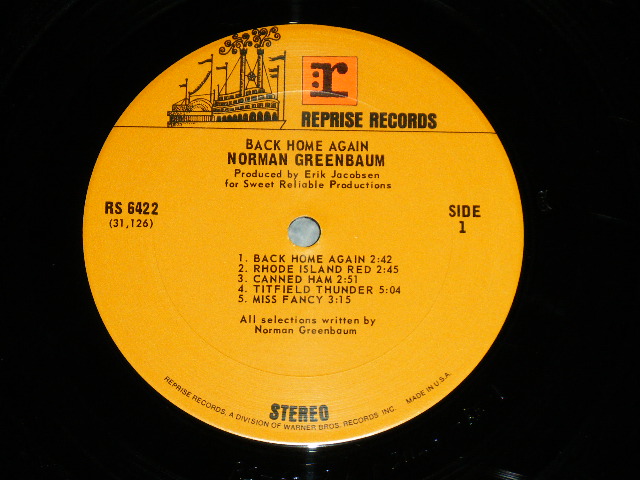 画像: NORMAN GREENBAUM - BACK HOME AGAIN  ( MATRIX # A)RS 6422-A 1B 31126-RE-1    B) RS 6422-B 1B 31127-RE-1)  ( Ex+/MINT : EDSP ) / 1970 US AMERICA ORIGINAL 1st Press "ORANGE & BROWN  Label"  Used LP 