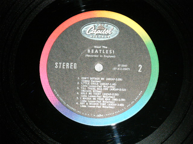 画像: The BEATLES - MEET THE BEATLES  ( Matrix #   A)  ST-1-2047-B-6-1    B)  ST-2-2047-B-6-1  )  ( Ex++/MINT- : EDSP ) / 1964 US AMERICA  1st Press "BLACK with RAINBOW Color Band Label"  "BEATLES Logo on OLIVE GREEN Front Cover" STEREO Used LP  