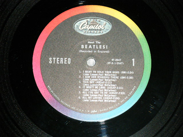 画像: The BEATLES - MEET THE BEATLES  ( Matrix #   A)  ST-1-2047-B-6-1    B)  ST-2-2047-B-6-1  )  ( Ex++/MINT- : EDSP ) / 1964 US AMERICA  1st Press "BLACK with RAINBOW Color Band Label"  "BEATLES Logo on OLIVE GREEN Front Cover" STEREO Used LP  