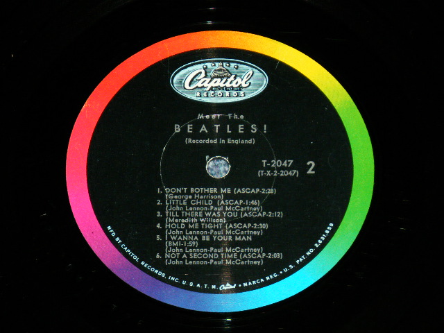 画像: The BEATLES - MEET THE BEATLES  ( Matrix #    A) T-1-2047-P9    B) T-2-2047-T26  )  ( VG+++/Ex++ Looks:Ex+ ) / 1964 US AMERICA  1st Press "BLACK with RAINBOW Color Band Label"  "BEATLES Logo on TAN To BROWN  Front Cover" MONO Used LP   