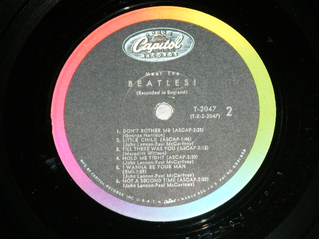 画像: The BEATLES - MEET THE BEATLES  ( Matrix #    A) T-1-2047-P1#2    B) T-2-2047-P22 )  ( Ex/Ex++ Looks:Ex++ ) / 1964 US AMERICA  1st Press "BLACK with RAINBOW Color Band Label"  "BEATLES Logo on TAN To BROWN  Front Cover" MONO Used LP   