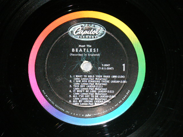 画像: The BEATLES - MEET THE BEATLES  ( Matrix #A) T-1-2047-G8 B) T-2-2047-G8)  "LOS ANGELES Press in CA"(Ex++/Ex+++) / 1964 US AMERICA  1st Press "BLACK with RAINBOW Color Band Label"  "BEATLES Logo on TAN to BROWN  Front Cover" MONO Used LP  Ex++/Ex+++