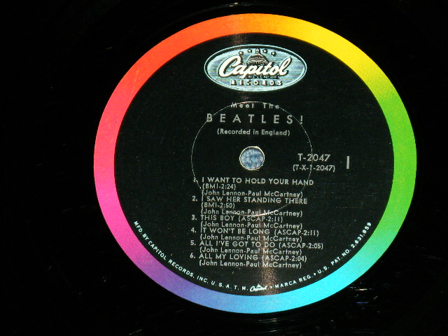 画像: The BEATLES - MEET THE BEATLES  ( Matrix #    A) T-1-2047-P9    B) T-2-2047-T26  )  ( VG+++/Ex++ Looks:Ex+ ) / 1964 US AMERICA  1st Press "BLACK with RAINBOW Color Band Label"  "BEATLES Logo on TAN To BROWN  Front Cover" MONO Used LP   