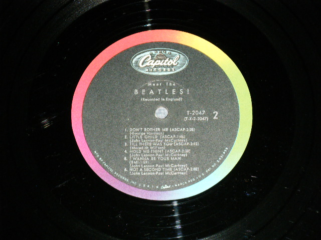 画像: The BEATLES - MEET THE BEATLES  ( Matrix #    A) T-1-2047-T10    B) T-2-2047-T10 )  ( Ex/Ex++  ) / 1964 US AMERICA  1st Press "BLACK with RAINBOW Color Band Label"  "BEATLES Logo on TAN To BROWN  Front Cover" MONO Used LP   