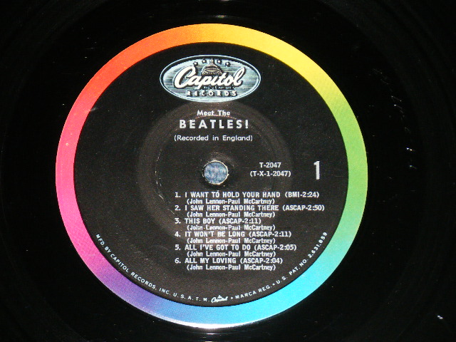 画像: The BEATLES - MEET THE BEATLES  ( Matrix #    A) T-1-2047-G8    B) T-2-2047-G8  )  ( Ex+/Ex+++ Looks:Ex++ A-5:Ex+  WOBC ) / 1964 US AMERICA  1st Press "BLACK with RAINBOW Color Band Label"  "BEATLES Logo on OLIVE GREEN Front Cover" MONO Used LP  