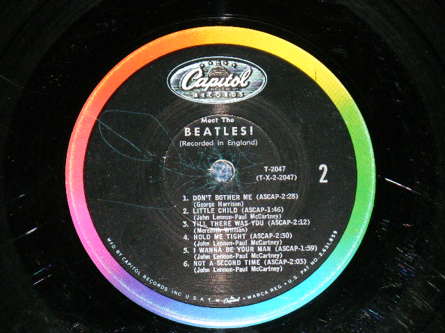 画像: The BEATLES - MEET THE BEATLES  ( Matrix #    A) T-1-2047-G8    B) T-2-2047-G8  )  ( Ex+/Poor :WARP  ) / 1964 US AMERICA  1st Press "BLACK with RAINBOW Color Band Label"  "BEATLES Logo on OLIVE GREEN Front Cover" MONO Used LP  