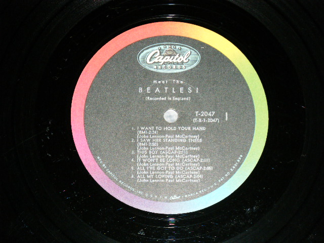 画像: The BEATLES - MEET THE BEATLES  ( Matrix #    A) T-1-2047-T10    B) T-2-2047-T10 )  ( Ex/Ex++  ) / 1964 US AMERICA  1st Press "BLACK with RAINBOW Color Band Label"  "BEATLES Logo on TAN To BROWN  Front Cover" MONO Used LP   