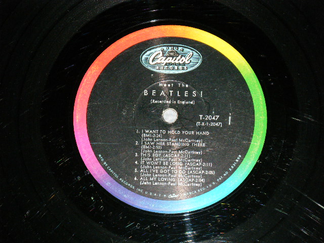 画像: The BEATLES - MEET THE BEATLES  ( Matrix #    A) T-1-2047-G4    B) T-2-2047-P3 #2 )  ( Ex-/Ex+  Looks:Ex  ) / 1964 US AMERICA  1st Press "BLACK with RAINBOW Color Band Label"  "BEATLES Logo on TAN To BROWN  Front Cover" MONO Used LP   