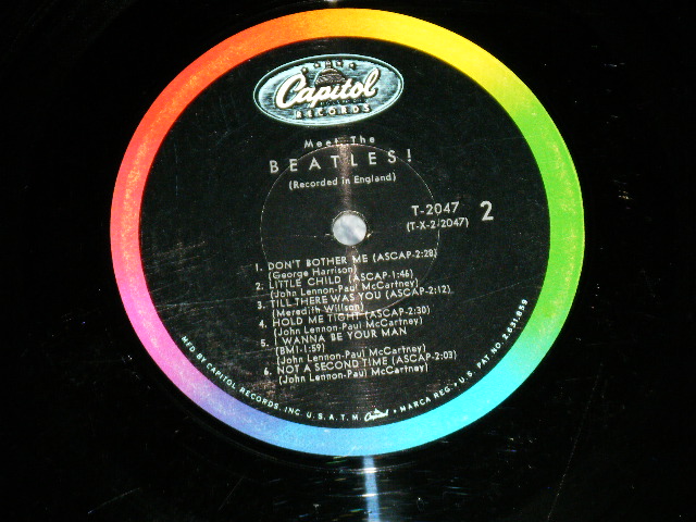 画像: The BEATLES - MEET THE BEATLES  ( Matrix #    A) T-1-2047-T8     B) T-2-2047-P5 )  ( Ex-/Ex++ TEAROBC  ) / 1964 US AMERICA  1st Press "BLACK with RAINBOW Color Band Label"  "BEATLES Logo on TAN To BROWN  Front Cover" MONO Used LP   