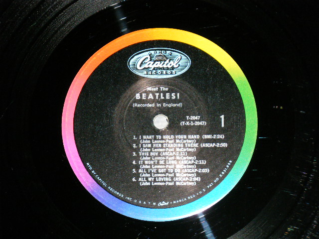 画像: The BEATLES - MEET THE BEATLES  ( Matrix #    A) T-1-2047-G8    B) T-2-2047-G8  )  ( Ex++/\Ex+ Looks:Ex A-1:VG+++  EDSP ) / 1964 US AMERICA  1st Press "BLACK with RAINBOW Color Band Label"  "BEATLES Logo on OLIVE GREEN Front Cover" MONO Used LP  