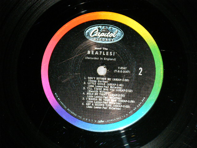 画像: The BEATLES - MEET THE BEATLES  ( Matrix #    A) T-1-2047-G8    B) T-2-2047-G8  )  ( Ex++/\Ex+ Looks:Ex A-1:VG+++  EDSP ) / 1964 US AMERICA  1st Press "BLACK with RAINBOW Color Band Label"  "BEATLES Logo on OLIVE GREEN Front Cover" MONO Used LP  