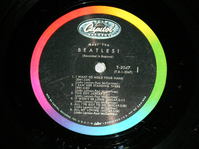 画像: The BEATLES - MEET THE BEATLES  ( Matrix #    A) T-1-2047-T8     B) T-2-2047-P5 )  ( Ex-/Ex++ TEAROBC  ) / 1964 US AMERICA  1st Press "BLACK with RAINBOW Color Band Label"  "BEATLES Logo on TAN To BROWN  Front Cover" MONO Used LP   