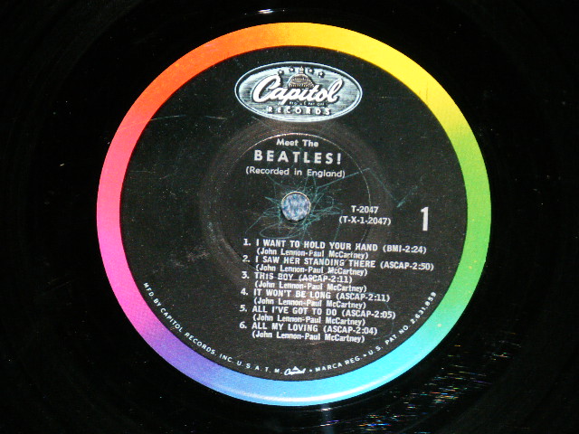 画像: The BEATLES - MEET THE BEATLES  ( Matrix #    A) T-1-2047-G8    B) T-2-2047-G8  )  ( Ex+/Poor :WARP  ) / 1964 US AMERICA  1st Press "BLACK with RAINBOW Color Band Label"  "BEATLES Logo on OLIVE GREEN Front Cover" MONO Used LP  