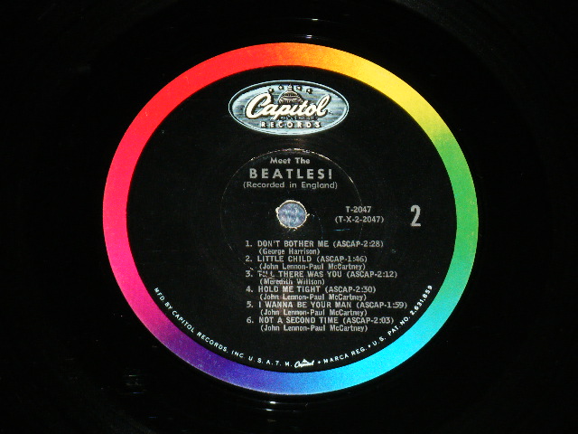 画像: The BEATLES - MEET THE BEATLES  ( Matrix #    A) T-1-2047-G8    B) T-2-2047-G8  )  ( Ex+/Ex+++ Looks:Ex++ A-5:Ex+  WOBC ) / 1964 US AMERICA  1st Press "BLACK with RAINBOW Color Band Label"  "BEATLES Logo on OLIVE GREEN Front Cover" MONO Used LP  