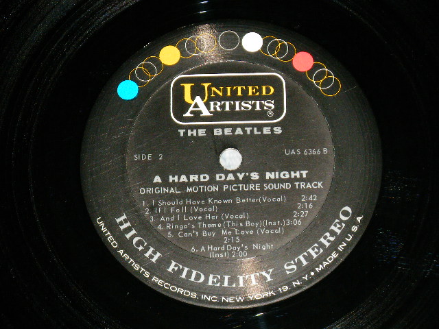 画像: THE BEATLES - A HARD DAYS NIGHT ( Sound Track ) ( Matrix #  A) UAS 6366-A  1C   B) UAS 6366-B   1A  ) (  Ex+/Ex+++ B-1,2 : Ex ; WOBC )  / 1964 US AMERICA ORIGINAL 1st Press "BLACK with 'UNITED'in GOLD,'ARTISTS' in WHITE Label" STEREO Used  LP