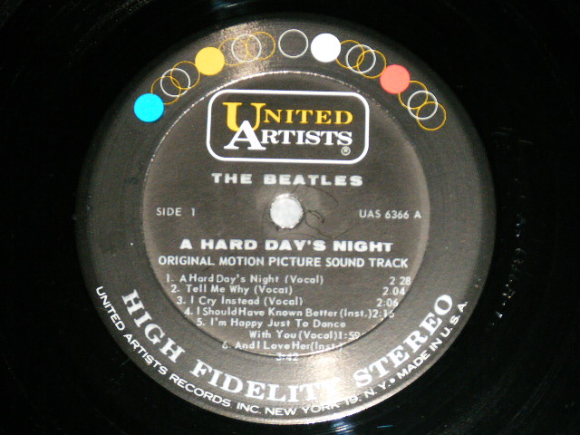 画像: THE BEATLES - A HARD DAYS NIGHT ( Sound Track ) ( Matrix #  A) UAL 3366-1AG   B) UAL 3366-1AH  ) ( Ex++/Ex++  Looks:Ex+)  / 1964 US AMERICA ORIGINAL 1st Press "BLACK with 'UNITED'in GOLD,'ARTISTS' in WHITE Label" MONO Used  LP