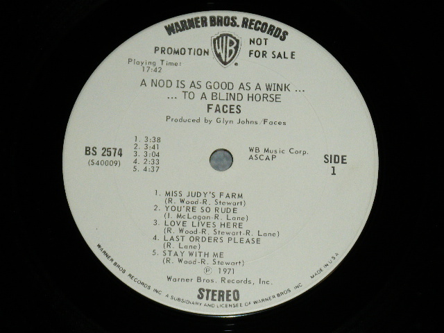 画像: FACES - A NOD IS AS GOOD AS WINK ...TO A BLIND HORSE (Matrix #   A) 39662 WS 1851A-1A /B) 39662 WS 1851B-1E) (Ex+/Ex+++) / 1971 US AMERICA ORIGINAL "WHITE LABEL PROMO" Used LP 