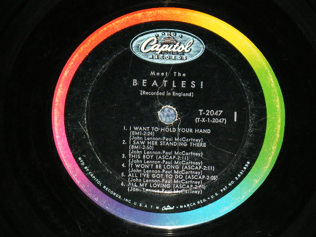 画像: The BEATLES - MEET THE BEATLES  ( Matrix #    A) T-1-2047-P19     B) T-2-2047-P18 )  ( VG++/Ex++ Looks:Ex WOFC,EDSP ) / 1964 US AMERICA  1st Press "BLACK with RAINBOW Color Band Label"  "BEATLES Logo on TAN To BROWN  Front Cover" MONO Used LP   