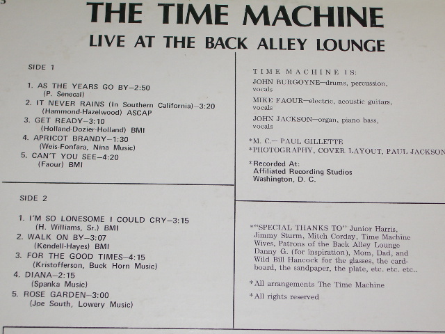 画像: THE TIME MACHINE - RECORDED  LIVE AT THE BACK ALLEY LOUNGE, WASHINGTON D.C.  / Early 1970s US ORIGINAL LP 