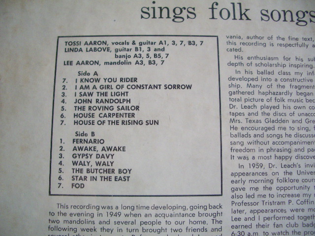 画像: TOSSI AARON - TOSSI SINGS FOLK SONGS and BALLADS  / Late 1950s  US ORIGINAL LP With AUTOGRAPHED 