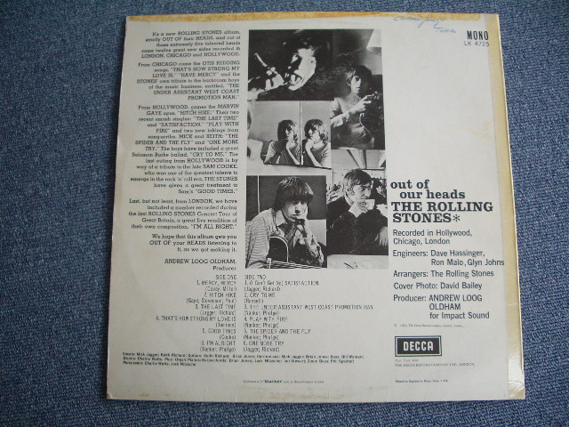 画像: ROLLING STONES - OUT OF OUR HEADS (  MATRIX NUMBER   A) ZRAL-6791-2A /B) ZRAL-6792-1A )(Ex+++,Ex+/Ex++ Looks:Ex+ ) /  1965 US AMERICA Song List + UK EXPORT "UNBOXED "DECCA" LABEL MONO Used LP